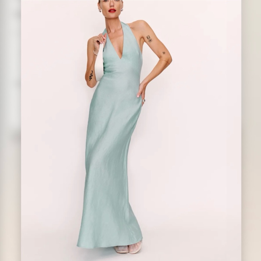Reformation Delilah Linen Halter Maxi Dress in Aquamarine